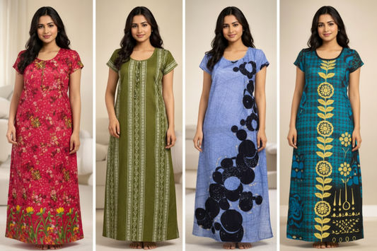 Women’s Cotton Printed Nighty | Olive Green & Black Night Dress | Soft Comfortable Home Wear | Short Sleeve Round Neck | Relaxed Fit Daily Wear